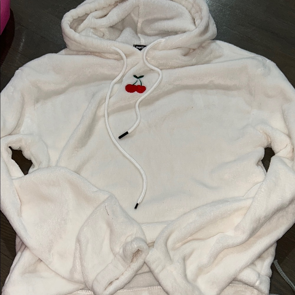 Cozy White Hoodie with Cherry Embroidery